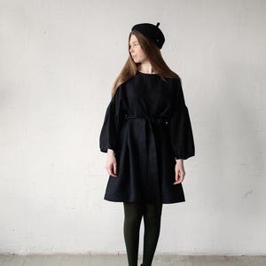 Kimono Short Linen Dress: Black Color, Loose Fit (One Size)