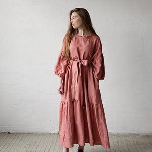 Salmon Linen Maxi Dress: Ruffle Kimono Style, Oversized Fit