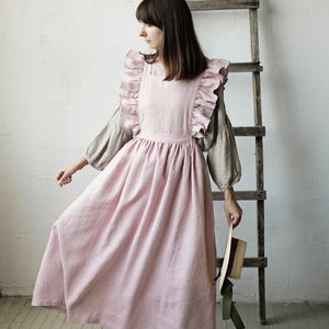 Babyroze vintage linnen jurk: schort met fladdermouwen, elastische taille