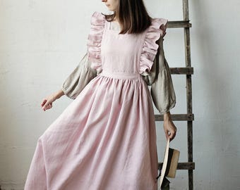 Baby Pink Vintage Linen Dress: Ruffle Flutter Sleeve Apron, Elastic Waist
