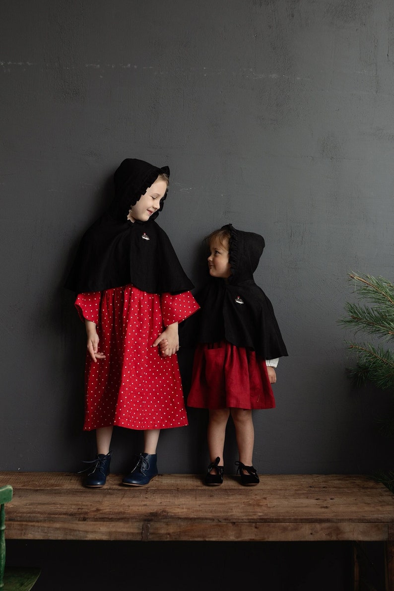 Black Little Red Riding Hood Cape, Different Embroideries, Hooded Linen Cape for Girls, Little Red Riding Hood Costume image 1