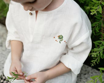 Embroidered White Linen Shirt: Long Sleeve V Neck Kids Unisex Top