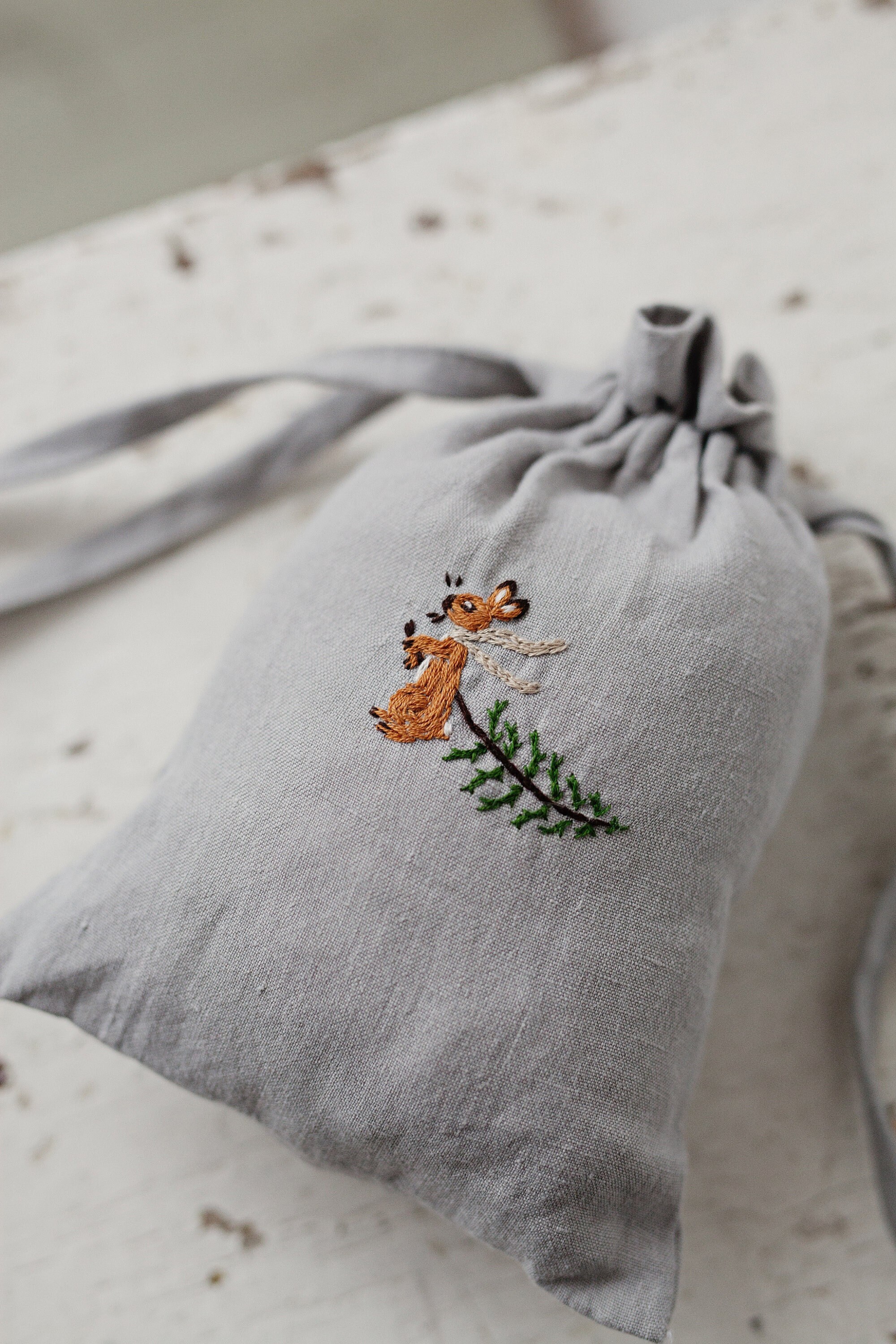Pouch Bag Rabbit Embroidered Linen Pouch Bag: Rabbit & Christmas Tree Design - Etsy