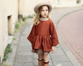 Rust Exclusive North Tunic, Diversi ricami, Camicia di lino per ragazze, Tunica di lino a maniche lunghe, Top di lino per ragazza, Camicia per bambini