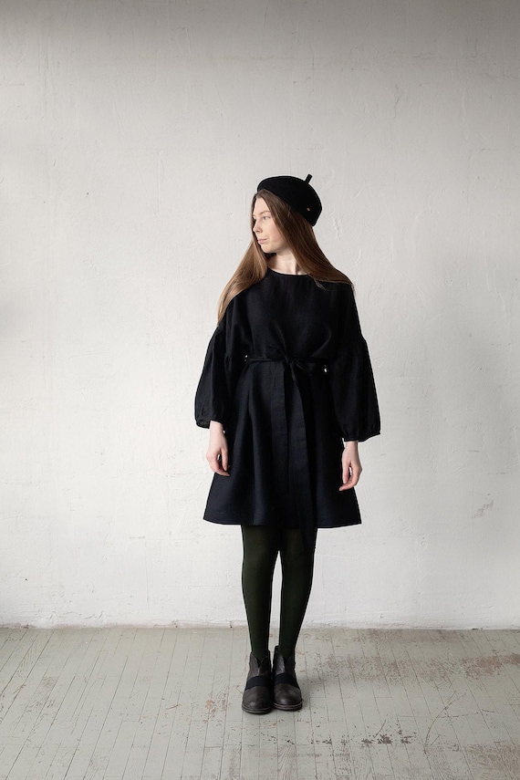 short black kimono dress Kimono Short Linen Dress: Black Color, Loose Fit (One Size)