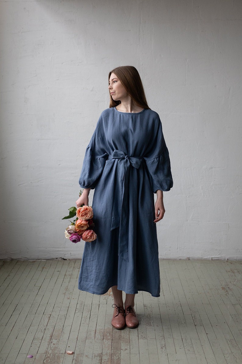 Dusty Blue Kimono Dress, Oversized Linen Dress, Linen Dress, Linen Dress for Women, Plus Size Linen Dress, Loose Linen Dress, Maxi Dress image 1