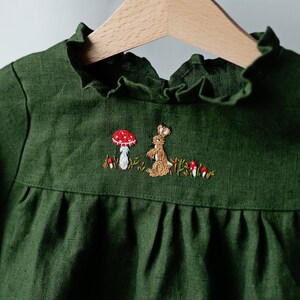 Forest Green Short Ruffle Linen Tunic, Linen Shirt for Girls, Long Sleeve Linen Tunic, Girl Linen Top, Baby Shirt, Linen Girl Shirt zdjęcie 2