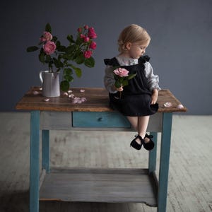 Black Linen Pinafore Dress: Ruffled Sleeves, Girls Apron image 7