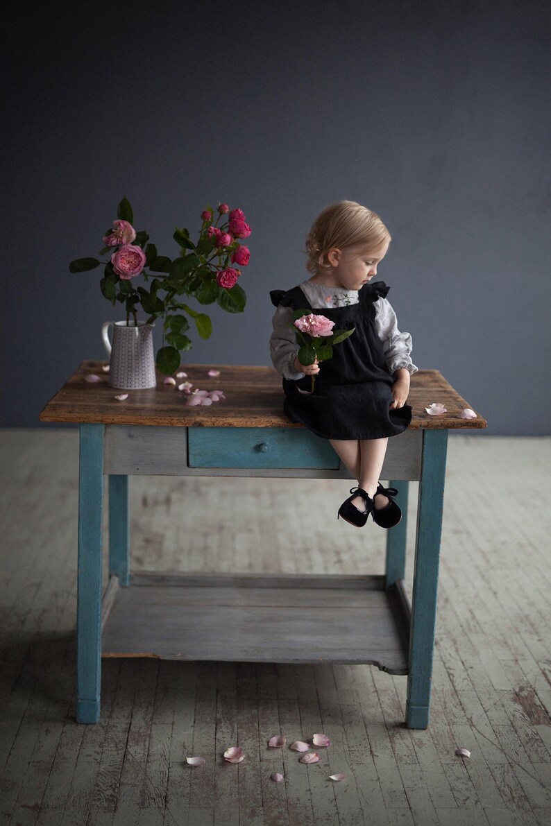 Black Linen Pinafore Dress: Ruffled Sleeves, Girls Apron image 7