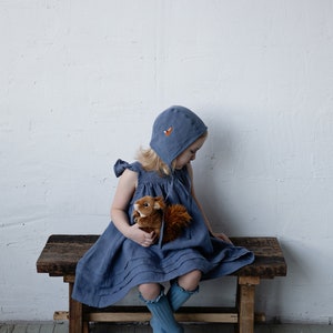 Dusty Blue Classic Bonnet, Kids Linen Bonnet, Different Embroideries, Unisex Linen Bonnet, Linen Hat for Kids, Hand Embroidery image 4