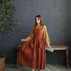 Rust Cottage Dress, Linen Pinafore Dress, Elastic Waist Dress, Linen Pinafore, Linen Dress for Women, Victorian Apron
