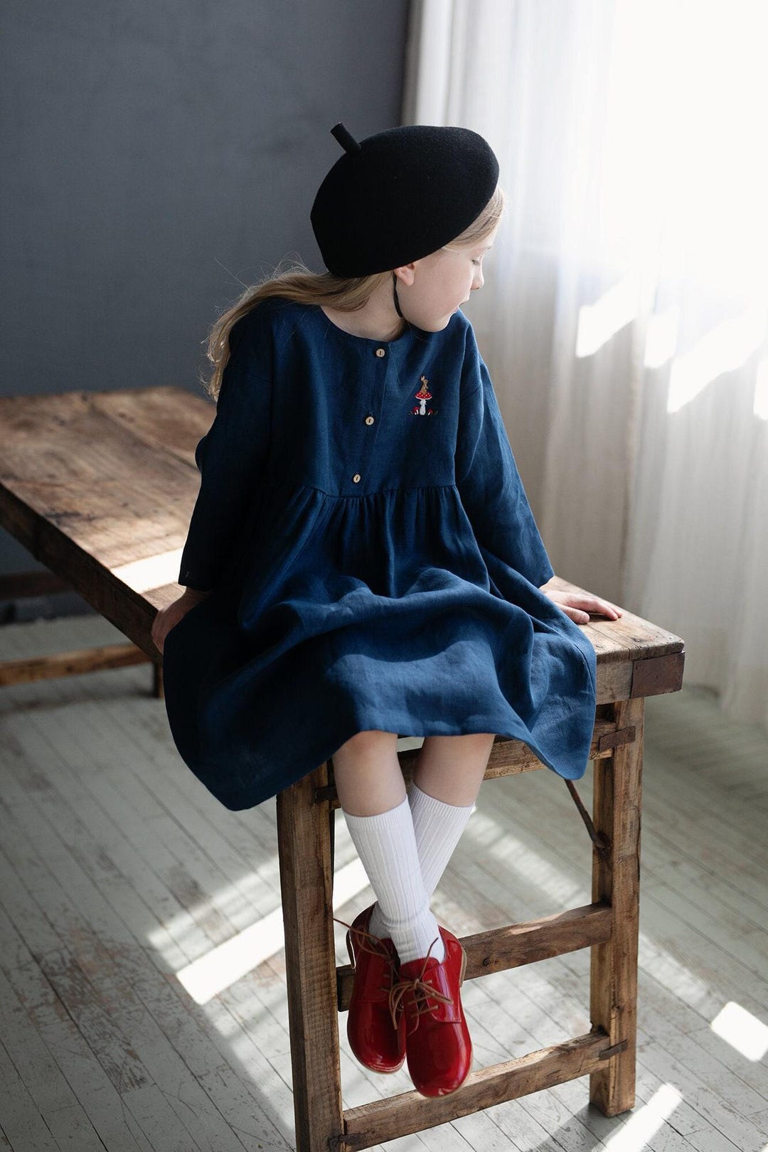 Navy Blue Linen Girl's Dress: Embroidered Anemone Flower