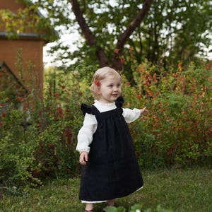 Black Linen Pinafore Dress: Ruffled Sleeves, Girls Apron image 4