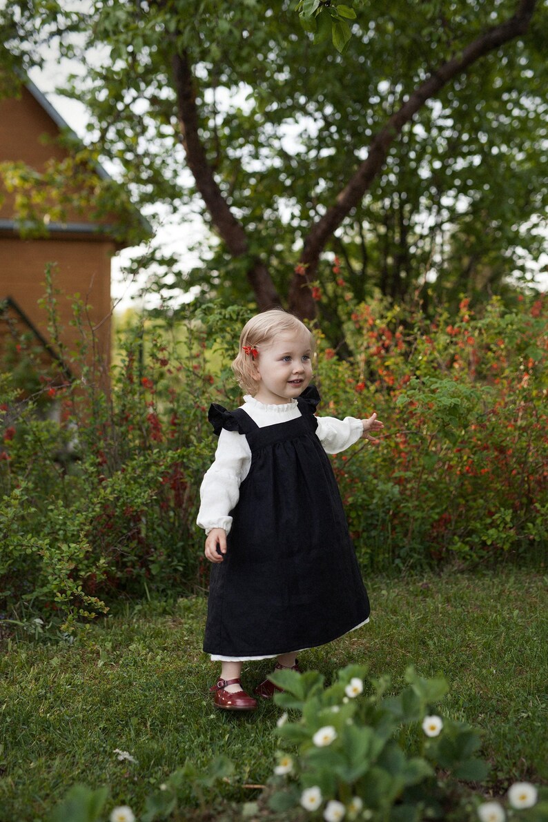 Black Linen Pinafore Dress: Ruffled Sleeves, Girls Apron image 4
