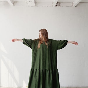 Forest Green Ruffle Kimono Dress, Oversized Linen Dress, Linen Dress, Linen Dress for Women, Plus Size Dress, Loose Linen Dress, Maxi Dress image 5