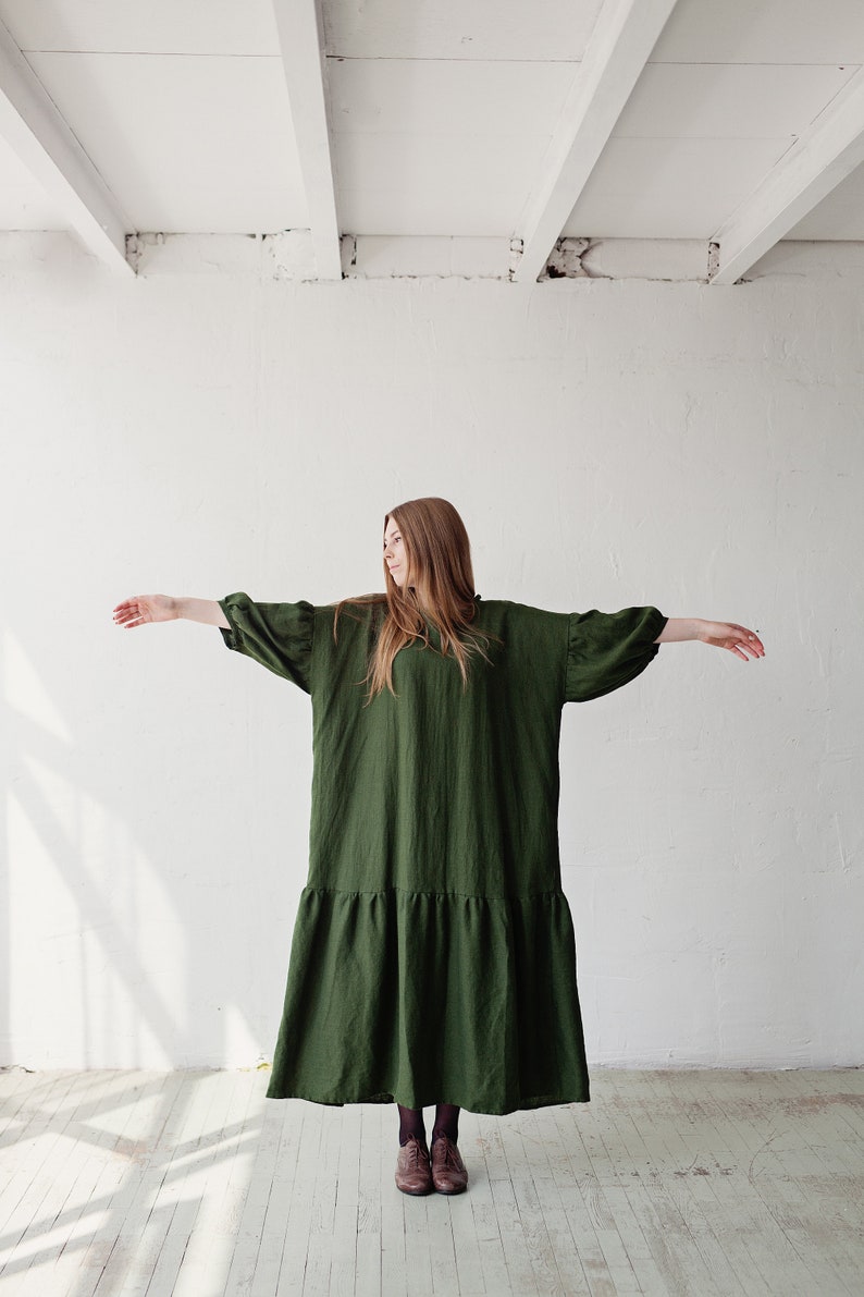 Forest Green Ruffle Kimono Dress, Oversized Linen Dress, Linen Dress, Linen Dress for Women, Plus Size Dress, Loose Linen Dress, Maxi Dress image 5