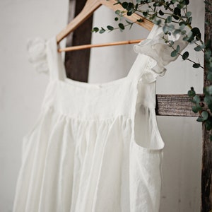 White Prairie Dress, Linen Dress With Flutter Sleeves, Oversized Apron
