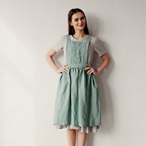 Mint Midi Cross Back Pinafore Linen Pinafore Linen Apron - Etsy