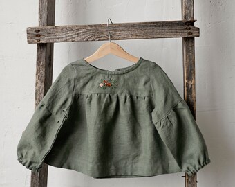 Sage Short Linen Tunic, Different Embroideries, Linen Shirt for Girls, Long Sleeve Linen Tunic, Girl Linen Top, Baby Shirt