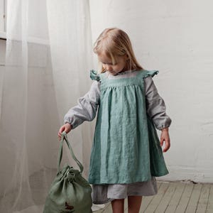 Mint Linen Pinafore Dress: Embroidered Baby Apron, Flower Girl Outfit image 5