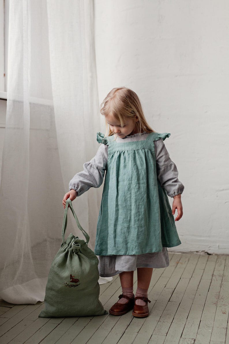 Mint Linen Pinafore Dress: Embroidered Baby Apron, Flower Girl Outfit image 5