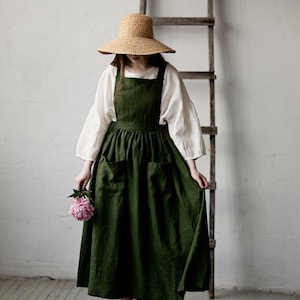 Forest Green Cottage Linen Dress: Pinafore with Pockets, Elastic Waist
