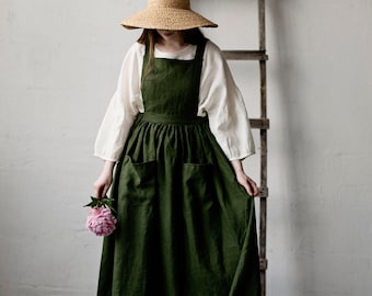 Forest Green Cottage Linen Dress: Pinafore with Pockets, Elastic Waist