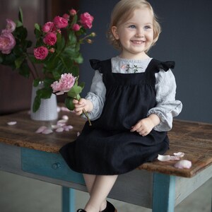 Black Linen Pinafore Dress: Ruffled Sleeves, Girls Apron image 8