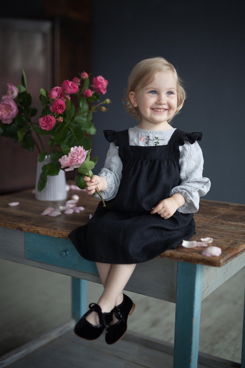 Black Linen Pinafore Dress: Ruffled Sleeves, Girls Apron image 8