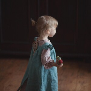 Mint Linen Pinafore Dress: Embroidered Baby Apron, Flower Girl Outfit image 8