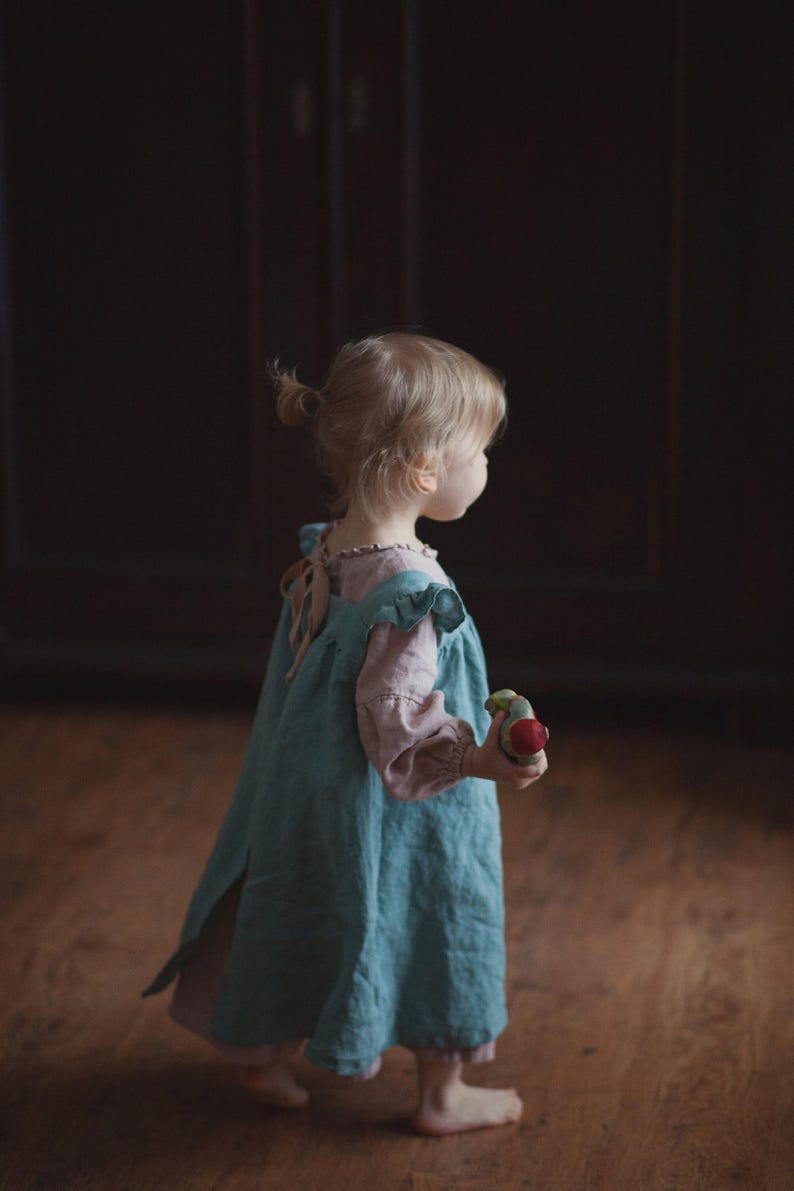 Mint Linen Pinafore Dress: Embroidered Baby Apron, Flower Girl Outfit image 8