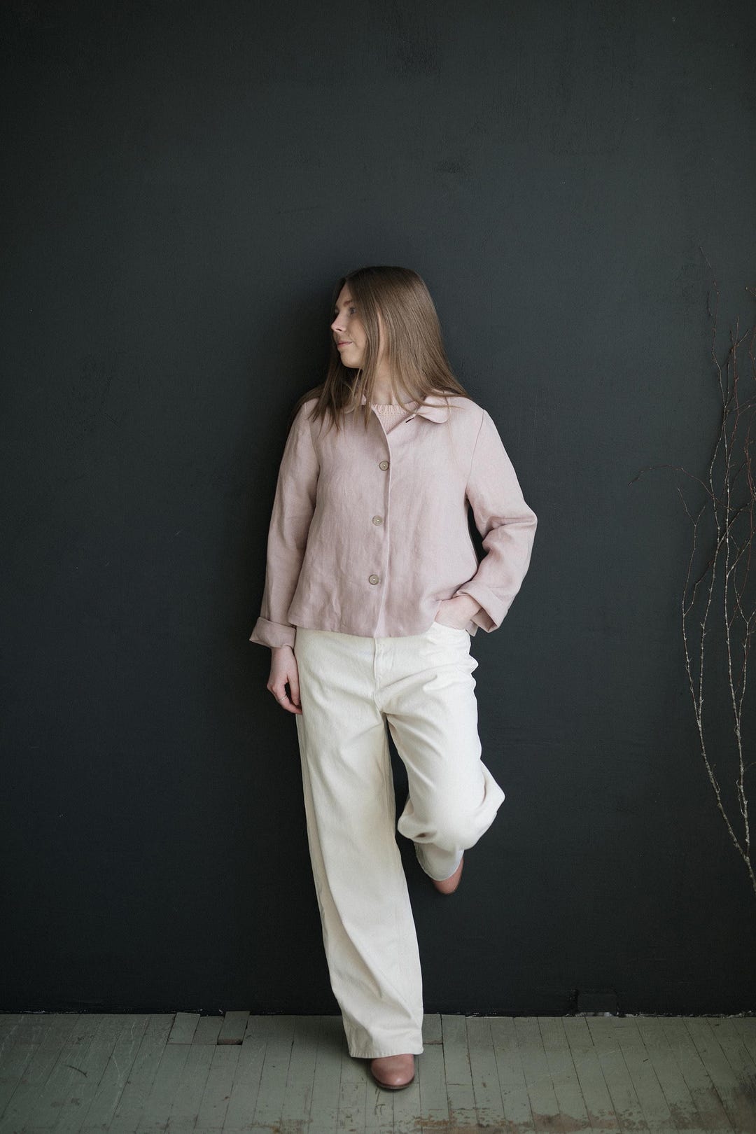 Veste à col claudine rose pastel, Veste en lin, Veste en lin trapèze