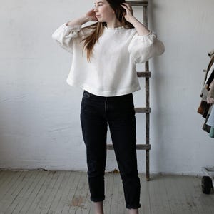 White Linen Tunic: Romantic Ruffle Neckline, Oversized Kimono Blouse image 6