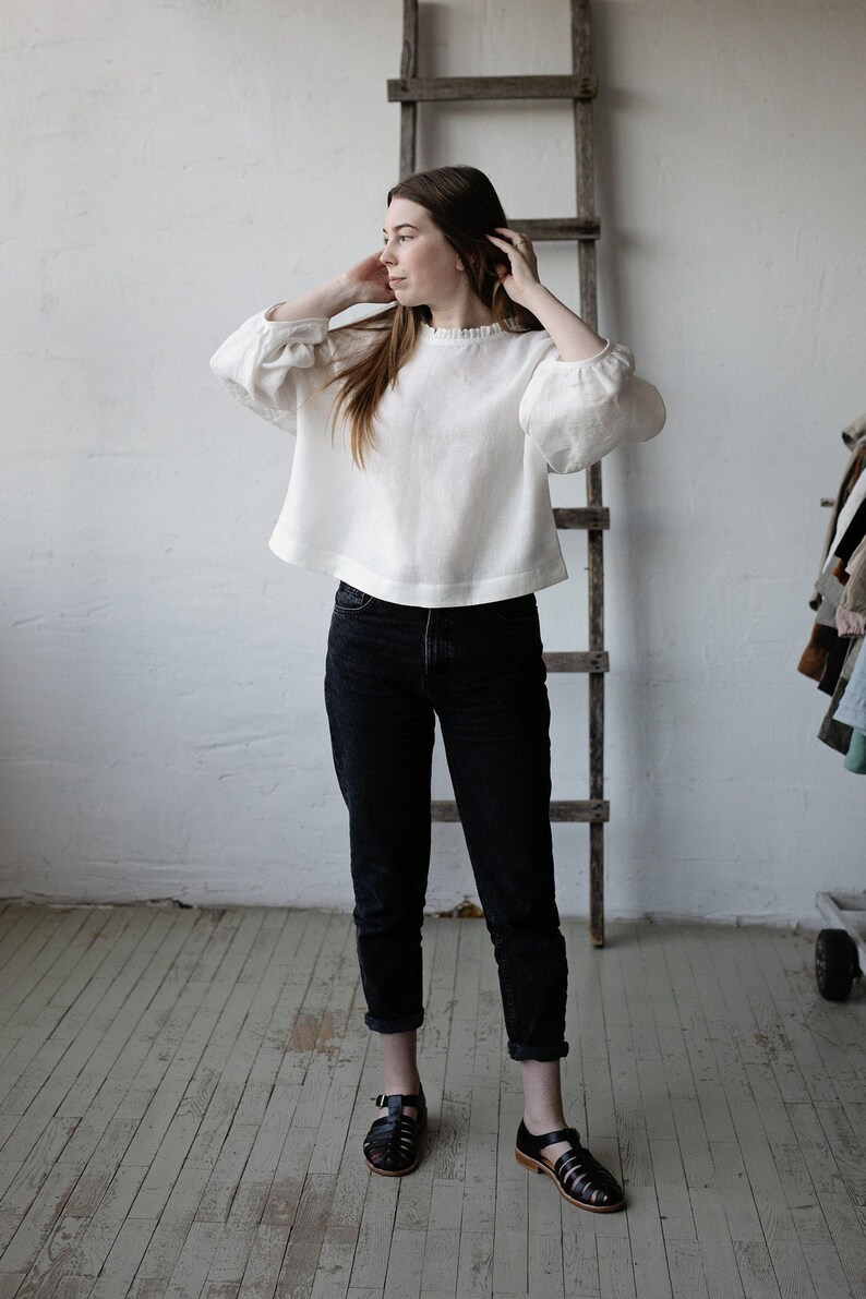 White Linen Tunic: Romantic Ruffle Neckline, Oversized Kimono Blouse image 6