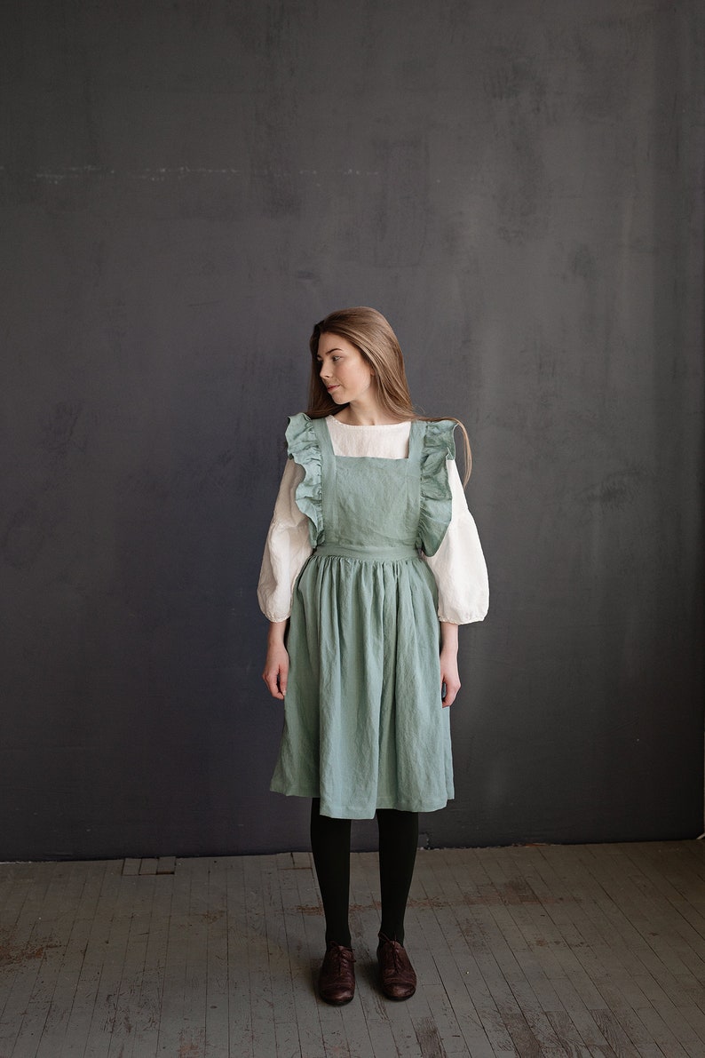 Mint Short Vintage Dress, Linen Pinafore Dress, Elastic Waist Dress, Linen Pinafore with Wings, Linen Dress for Women, Victorian Maid Apron image 2