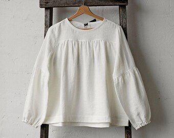 Túnica victoriana de lino blanco: blusa de manga larga con volantes