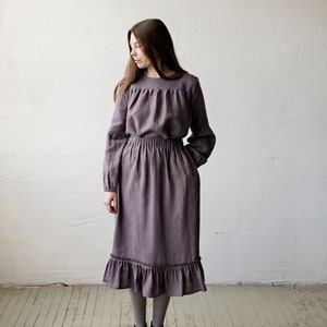 Falda victoriana mauva, falda de lino con volantes, falda de estilo victoriano, falda de lino, falda de lino larga, falda de lino para mujeres, falda de cintura elástica imagen 6