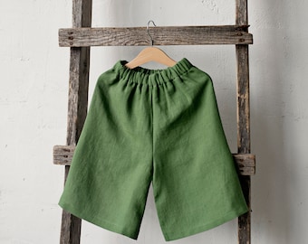 Apple Green Short Culottes, Unisex Linen Culottes, Different Embroideries, Linen Pants Kids, Linen Pants Girls, Linen Pants Boys