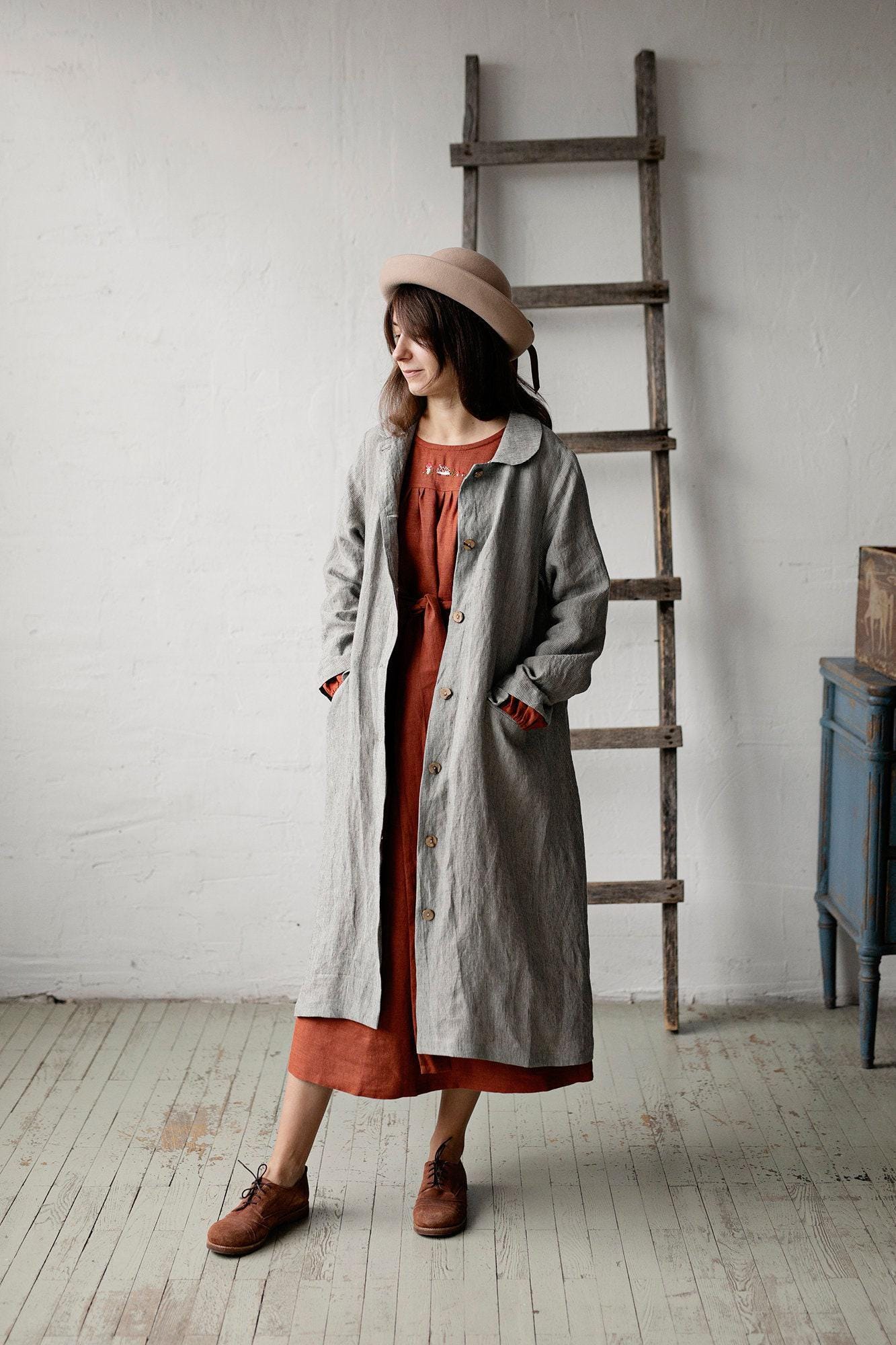 B&W Stripe Classic Linen Coat, Linen Coat for Women, Hand Embroidery, A ...