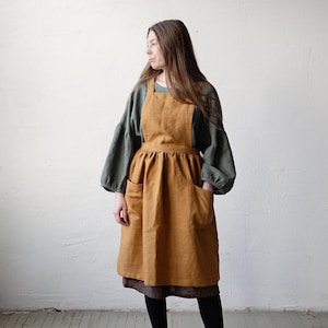 Mustard Midi Cross Back Pinafore, Linen Pinafore, Linen Apron, Cooking Apron, Kitchen Linen Apron, Apron for Women, Washed Linen Pinafore