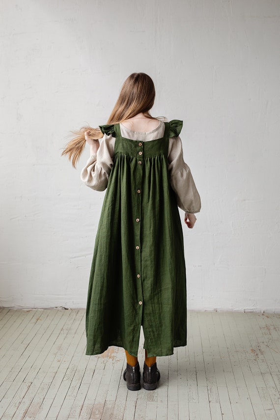 Forest Green Prairie Dress, Linen Dress With Flutter Sleeves