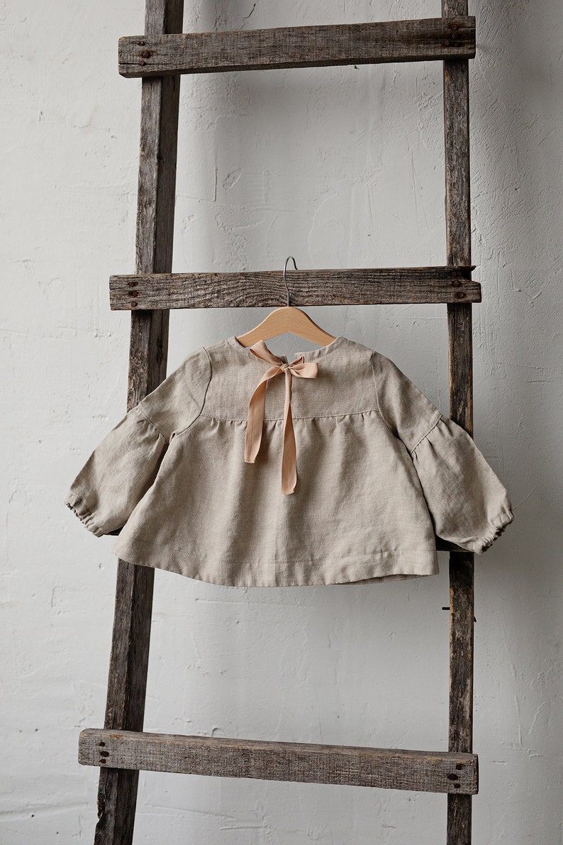 Natural Short Linen Tunic, Different Embroideries, Linen Shirt for Girls, Long Sleeve Linen Tunic, Girl Linen Top, Baby Shirt image 2