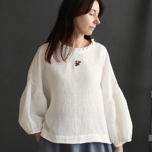 White Linen Tunic: Romantic Ruffle Neckline, Oversized Kimono Blouse image 2