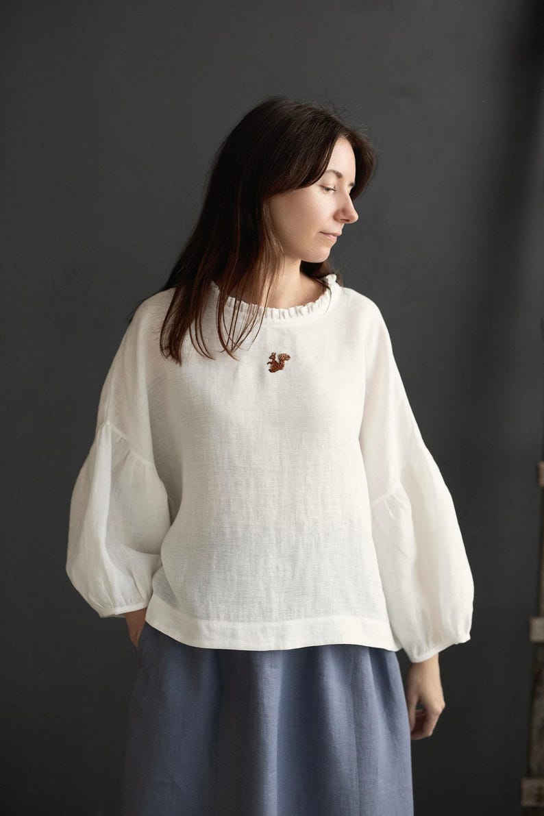 White Linen Tunic: Romantic Ruffle Neckline, Oversized Kimono Blouse image 2