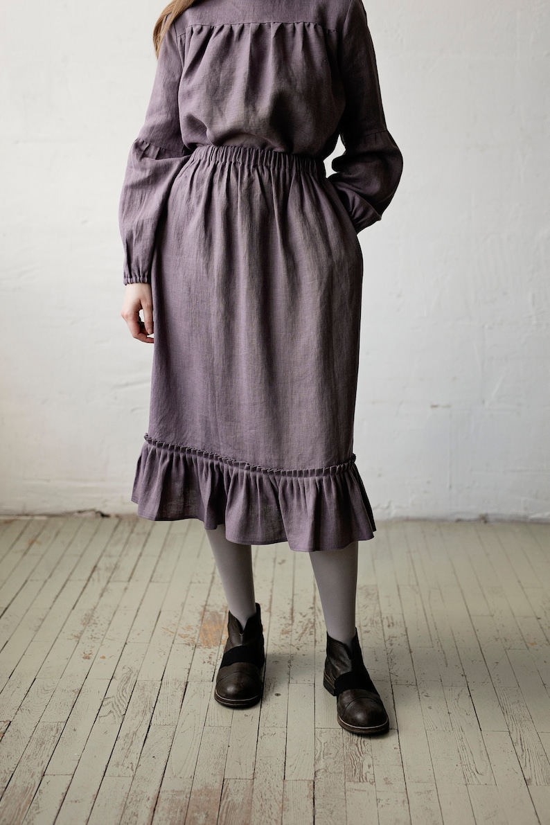 Falda victoriana mauva, falda de lino con volantes, falda de estilo victoriano, falda de lino, falda de lino larga, falda de lino para mujeres, falda de cintura elástica imagen 5