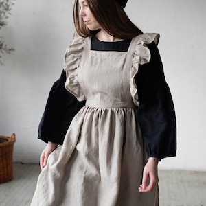 Natural Long Vintage Apron, Linen Pinafore with Wings, Linen Apron, Victorian Maids Apron, Cottagecore Linen Apron, Linen Apron for Women