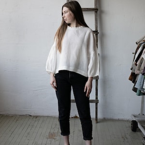 White Linen Tunic: Romantic Ruffle Neckline, Oversized Kimono Blouse image 5