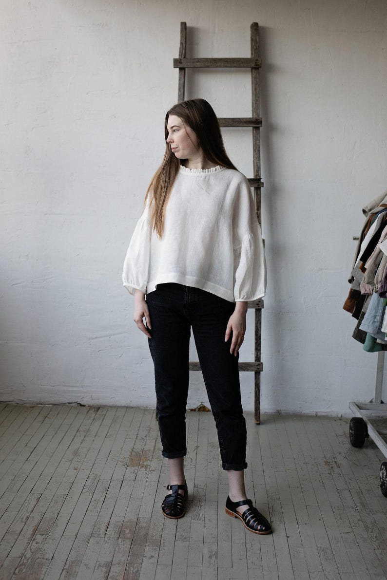 White Linen Tunic: Romantic Ruffle Neckline, Oversized Kimono Blouse image 5