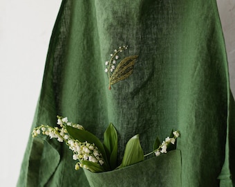 Linen Cooking Apron, Apple Green, Hand Embroidered (One Size)