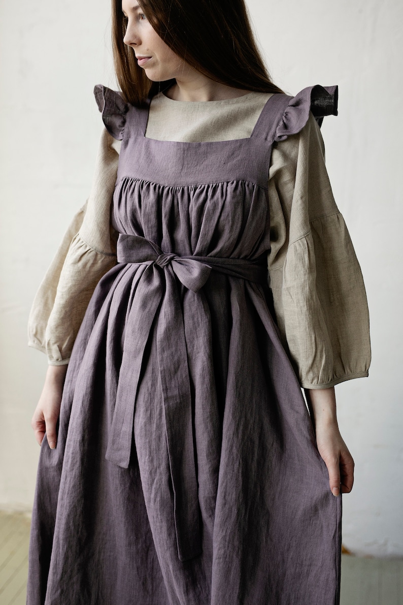 Mauve Prairie Dress, Linen Dress with Flutter Sleeves, Oversized Apron, Linen Dress with Wings, Linen Dress for Women, Victorian Style image 2